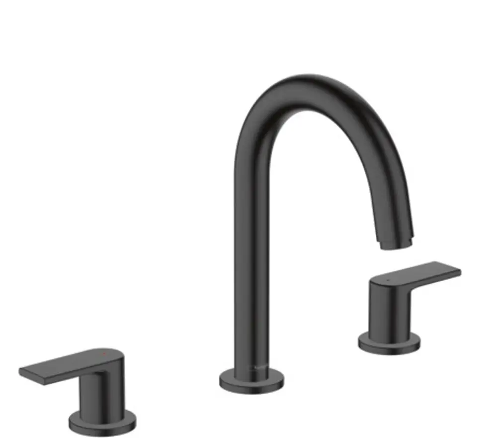 Hansgrohe Waschtischarmatur in Mattschwarz mit einem hohen, geschwungenen Wasserhahn und zwei seitlichen Bediengriffen für die Temperatur- und Mengenregelung.